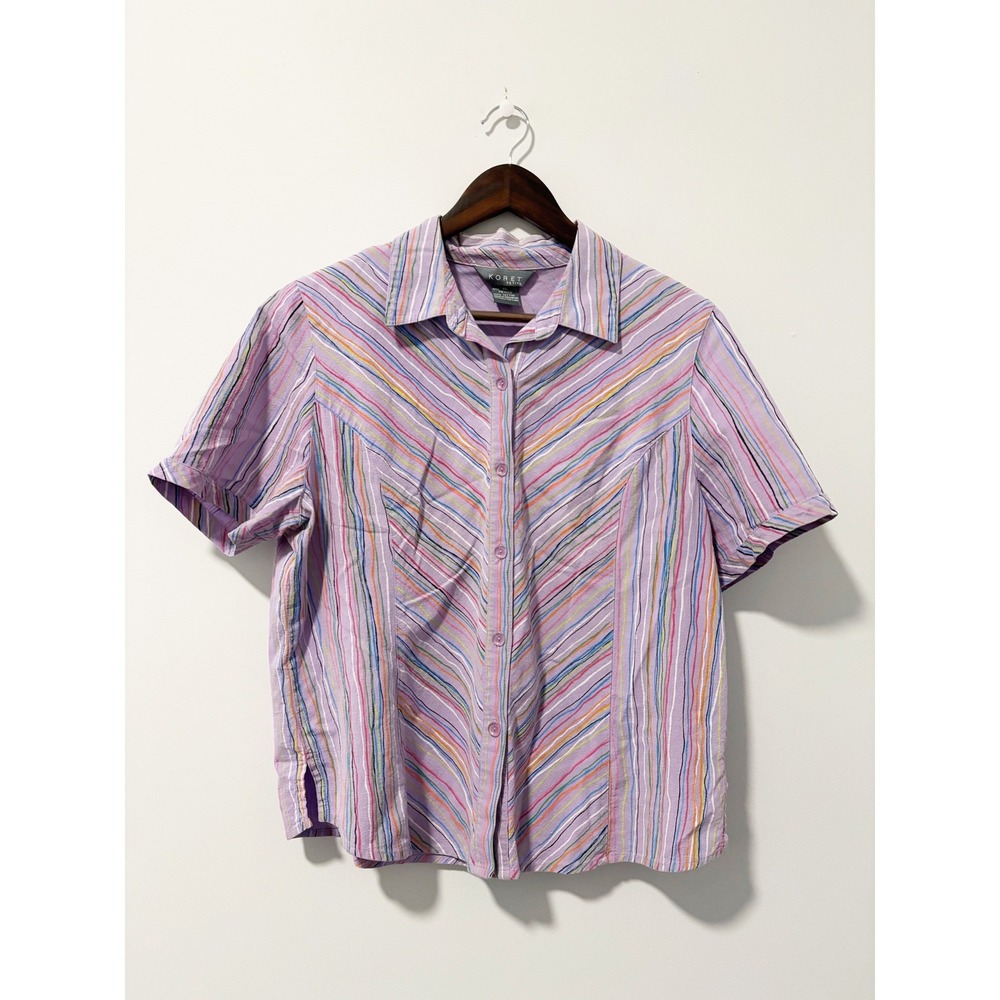Koret Button Up Shirt Womens PL Purple Multi Stripe Short Sleeve Cotton Top